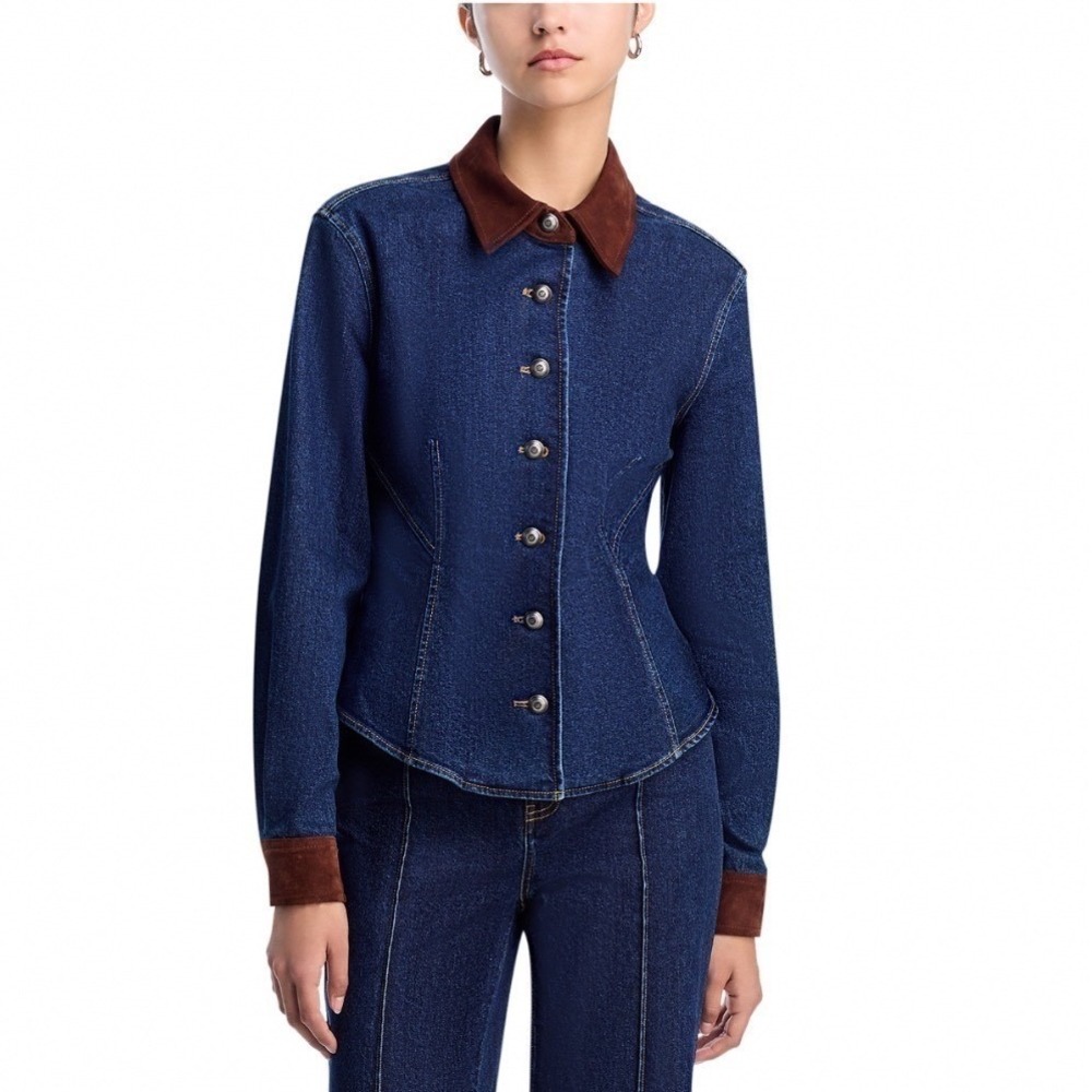 Cinq a Sept Suede Combo Autumn Top Denim‎ Shirt Dark Sepia Fontaine Small